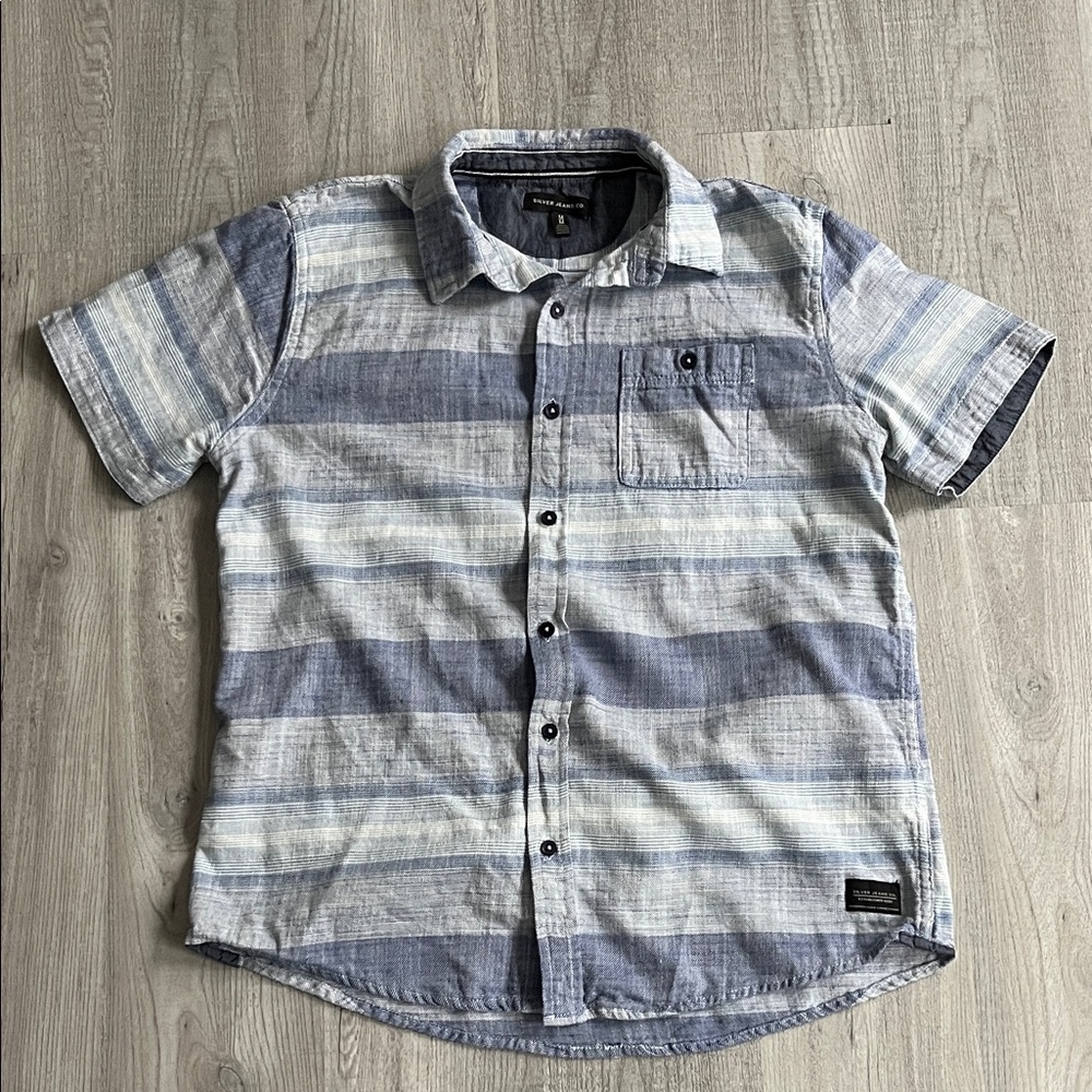 Silver Jeans Blue and White Striped Cotton Button Up Short Sleeve Collar Shirt